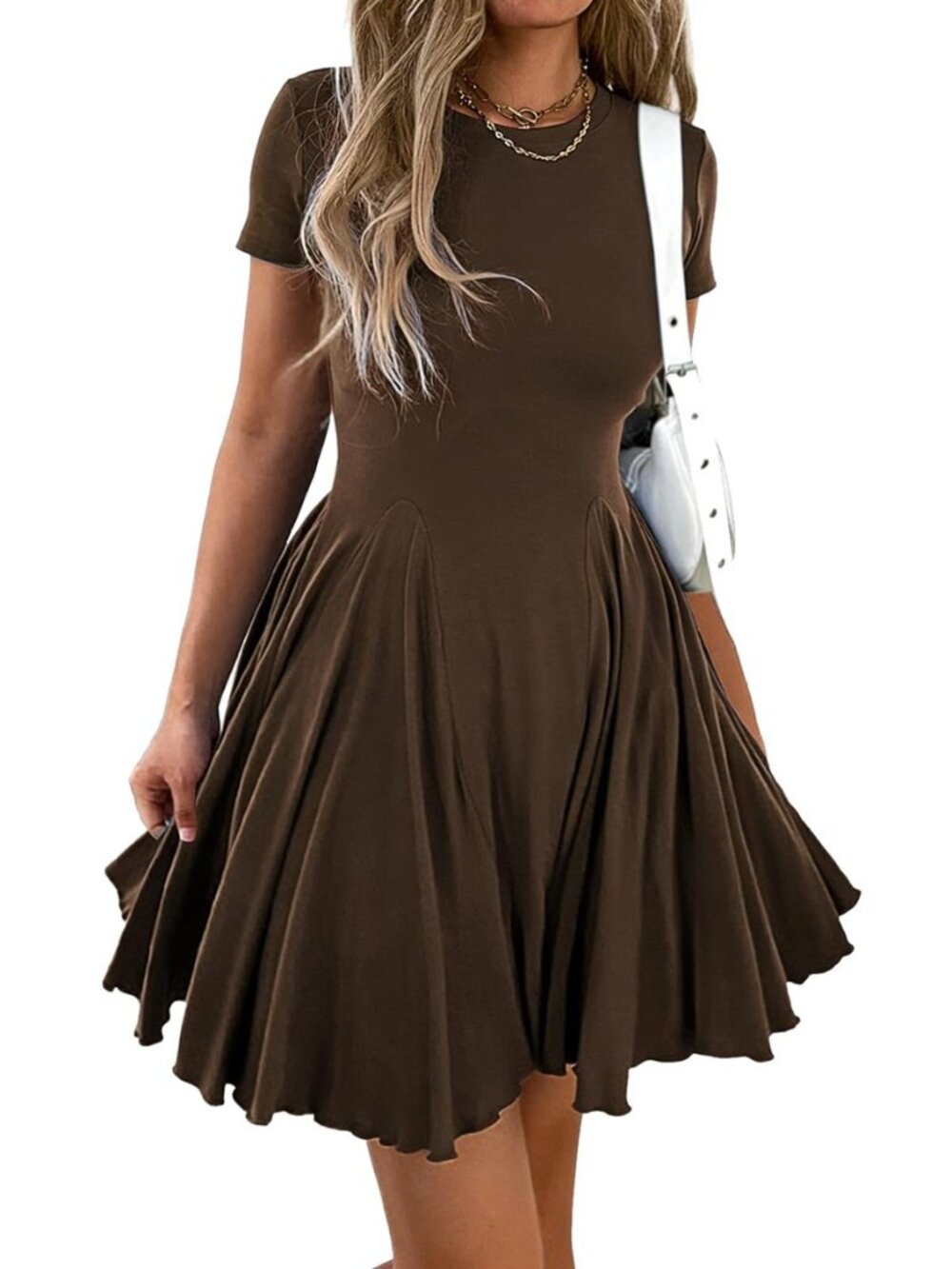 Women Crewneck Fit and Flare Swing Flowy Mini Dress Skater Sundress